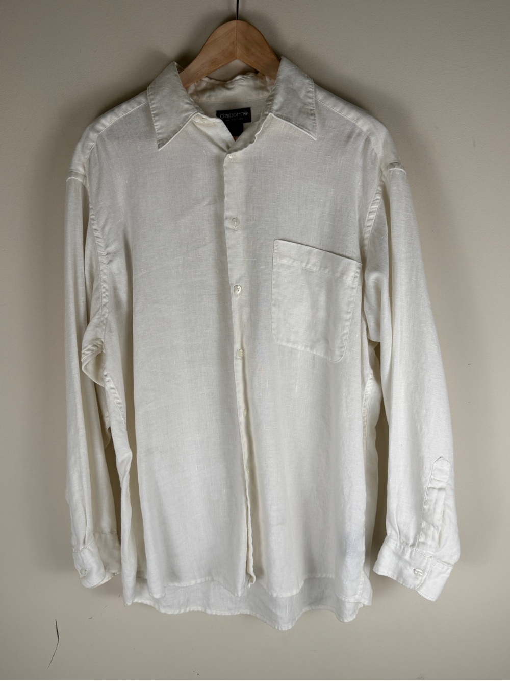 Claiborne 100% Linen Ivory L/S Button Up Shirt Men's Size L Coastal Resort Beach